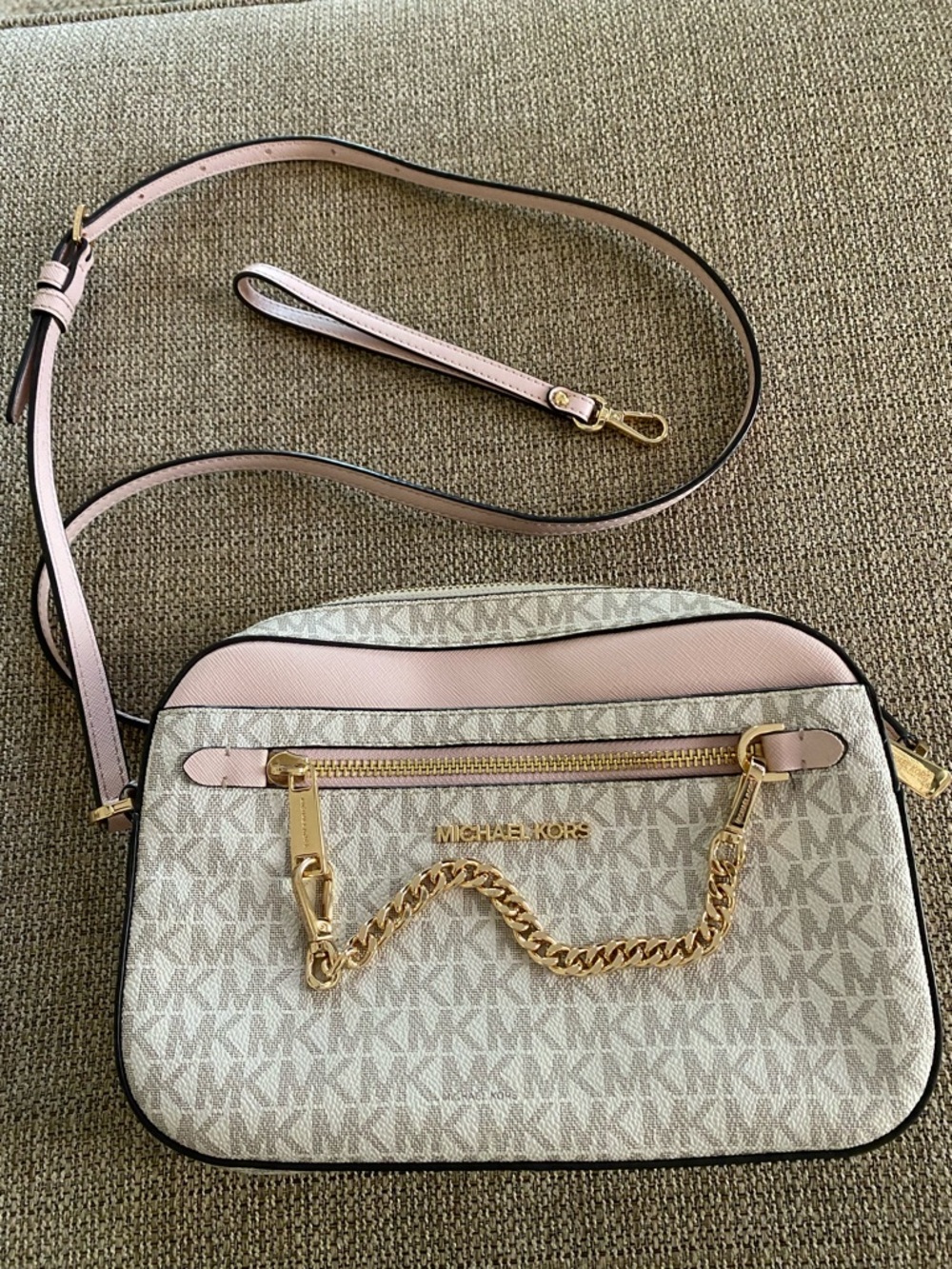 Michael Kors Beige Signature Crossbody with Pale Pink Trim